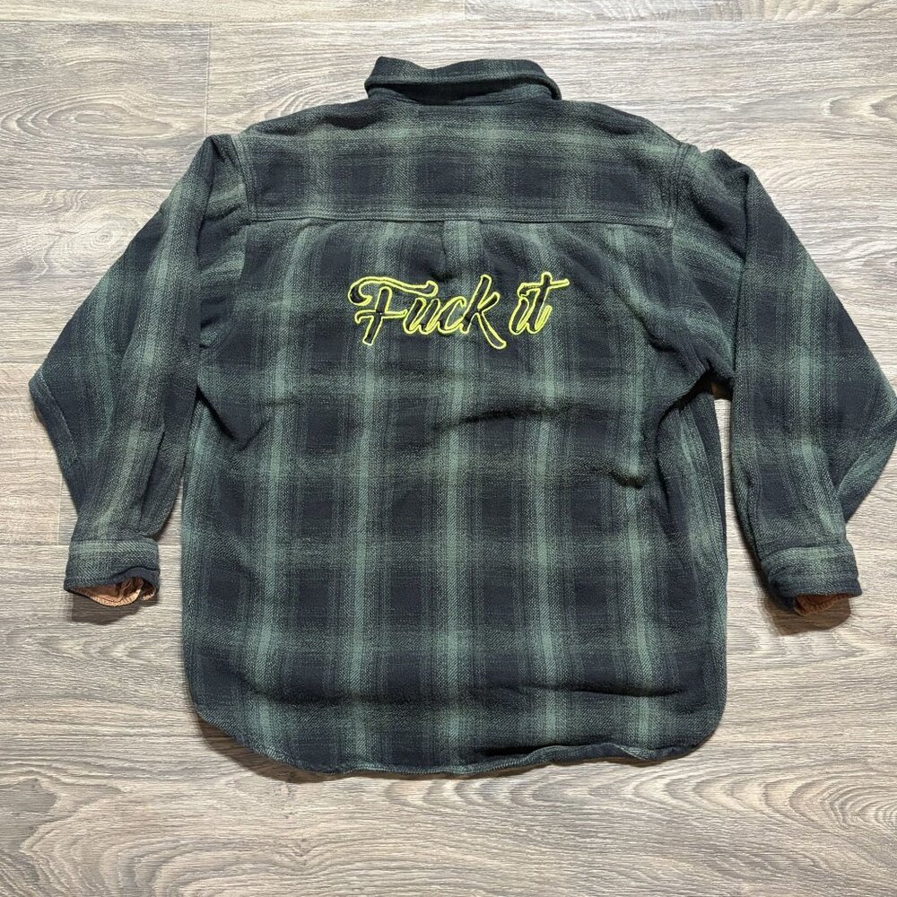 Field & Stream XL Plaid Flannel Shirt "F It" Green Black Button-Up Embroidered